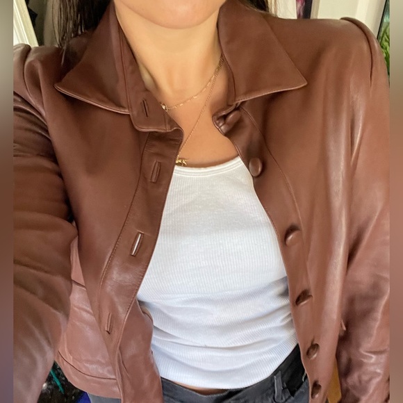 Oscar De La Renta 100% Leather + Silk Brown Jacket - Picture 4 of 6